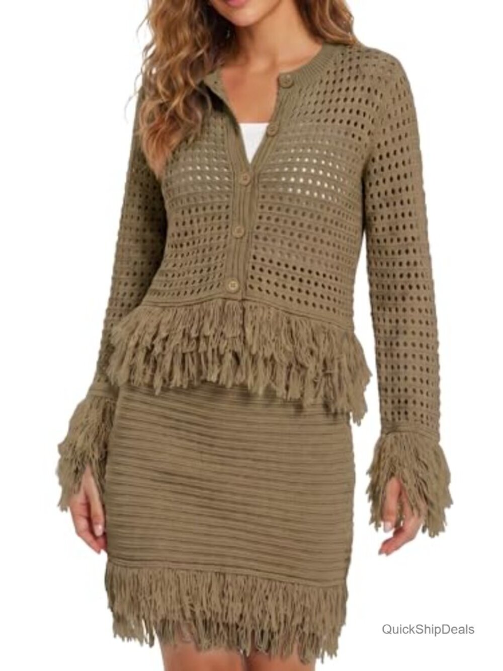 Womens 2 Piece Crochet Outfit Long Sleeve Cardigan Fringe Mini Skirt Set